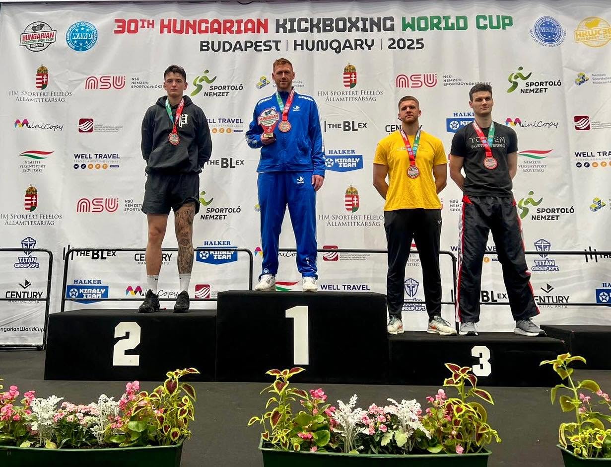 Chris Aston with his gold medal at the Hungarian Kickboxing World Cup, Budapest 2025