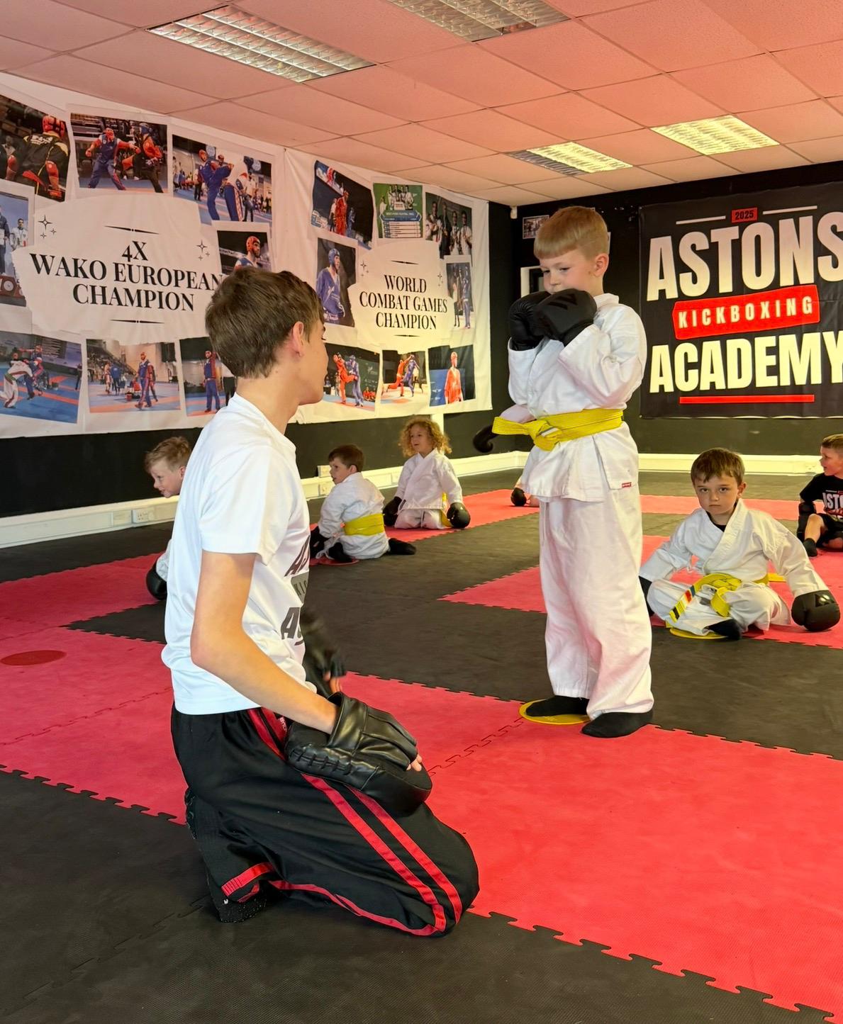 Belt grading with a young student at Astons Kickboxing Academy, Shrewsbury
